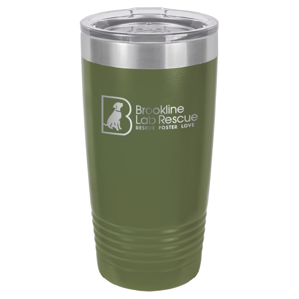 Olive green laser engraved 20 ounce tumbler featuring the Brookline Lab Rescue logo