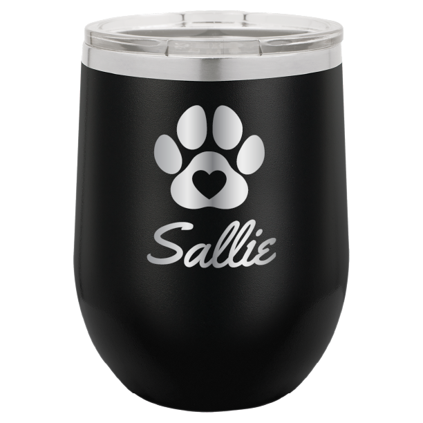 Laser engraved personalized wine tumbler featuring a paw print with heart, in black
