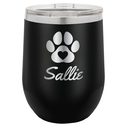 Laser engraved personalized wine tumbler featuring a paw print with heart, in black