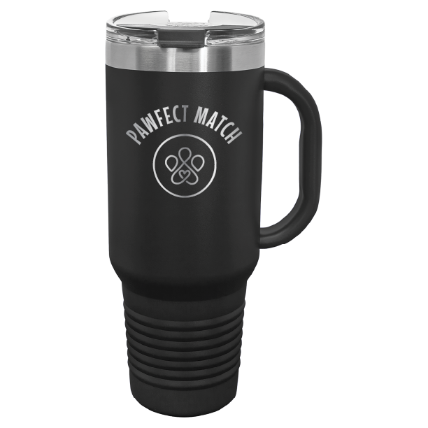 Black  40 oz laser engraved tumbler featuring the Pawfect Match logo