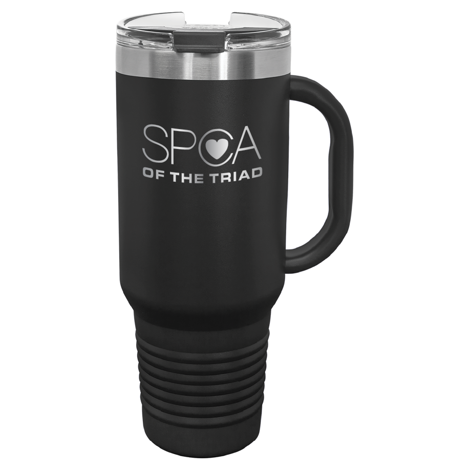 Black 40 oz  laser engraved tumbler with the SPCA of the Triad logo.
