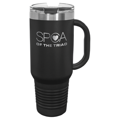 Black 40 oz  laser engraved tumbler with the SPCA of the Triad logo.
