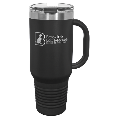 Black laser engraved 40 oz tumbler with handle featuring the Brookline Lab Rescue logo