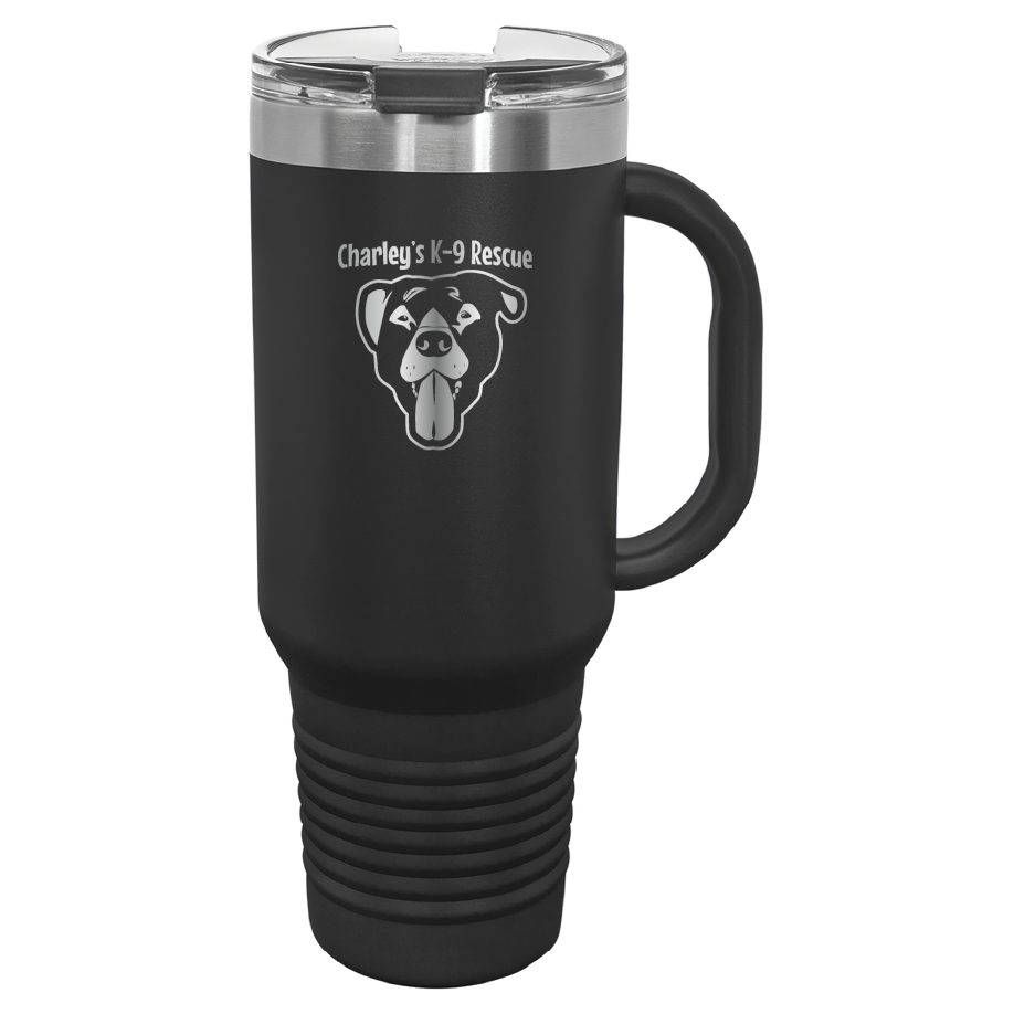 Black 40 oz tumbler with handle laser engraved  tumbler featuring the Charley's K9 Rescue logo