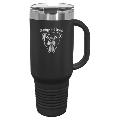 Black 40 oz tumbler with handle laser engraved  tumbler featuring the Charley's K9 Rescue logo