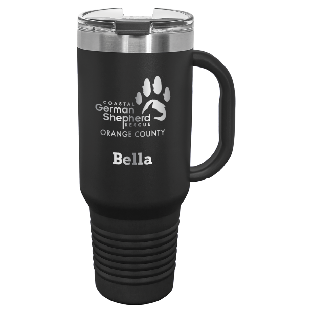 40 tumbler, laser engraved with the Coastal German Shepherd Rescue of OC logo, in black