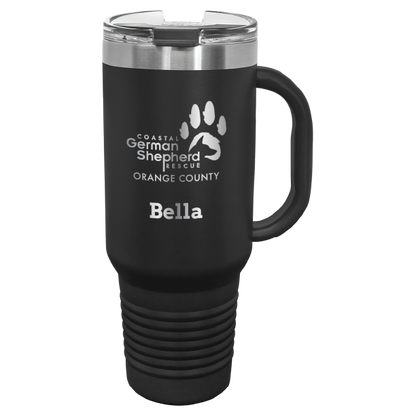 40 tumbler, laser engraved with the Coastal German Shepherd Rescue of OC logo, in black