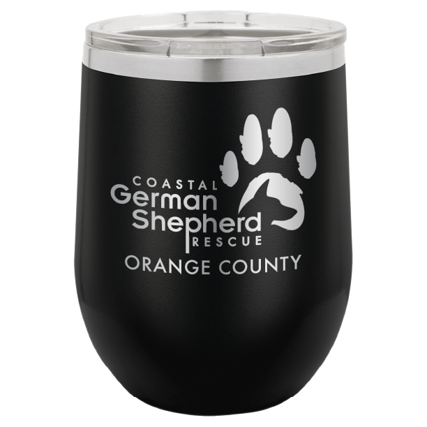 12 oz Wine tumbler laser engraved with the Coastal German Shepherd Rescue of Orange County logo, in black