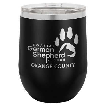 12 oz Wine tumbler laser engraved with the Coastal German Shepherd Rescue of Orange County logo, in black