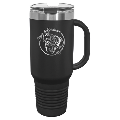 Black 40 oz laser engraved water bottle featuring the Dogue de Bordeaux Rescue, Inc. logo