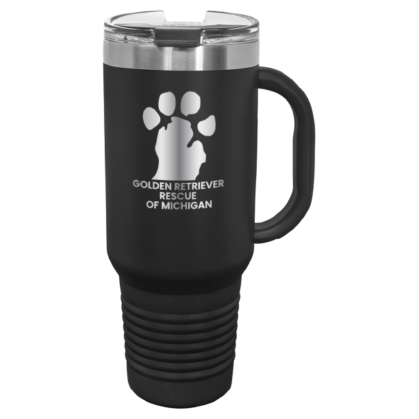 Black 40 Oz laser engraved tumbler featuring the  Golden Retriever Rescue of Michigan (GRRoM) logo