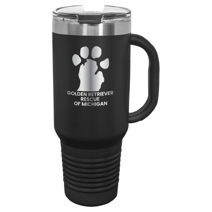 Black 40 Oz laser engraved tumbler featuring the  Golden Retriever Rescue of Michigan (GRRoM) logo