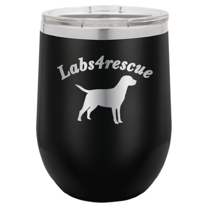 12 oz laser engraved wine tumbler with the labs4rescue logo, in black
