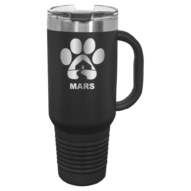 Black 40 ounce laser engraved travel mug with handle, featuring the with the Midwest Animal Rescue & Services (MARS) logo