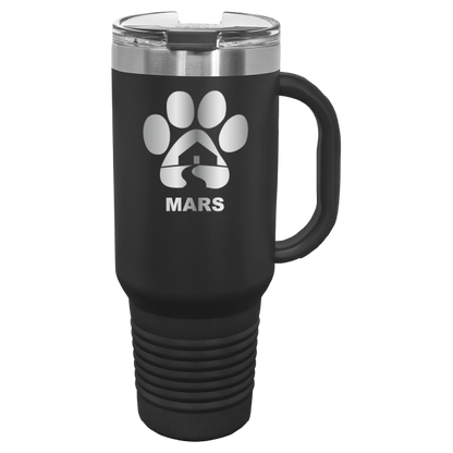 Black 40 ounce laser engraved travel mug with handle, featuring the with the Midwest Animal Rescue & Services (MARS) logo