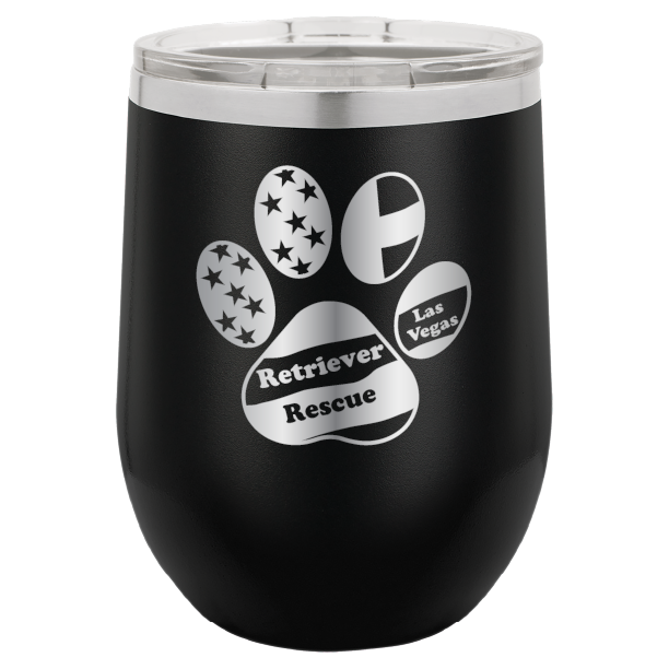 Black laser engraved wine tumbler with the logo of retriever rescue of Las Vegas