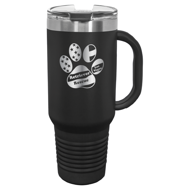 Black laser engraved tumbler with handle, featuring the logo of Retriever Rescue of Las Vegas