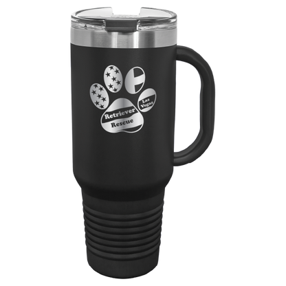 Black laser engraved tumbler with handle, featuring the logo of Retriever Rescue of Las Vegas