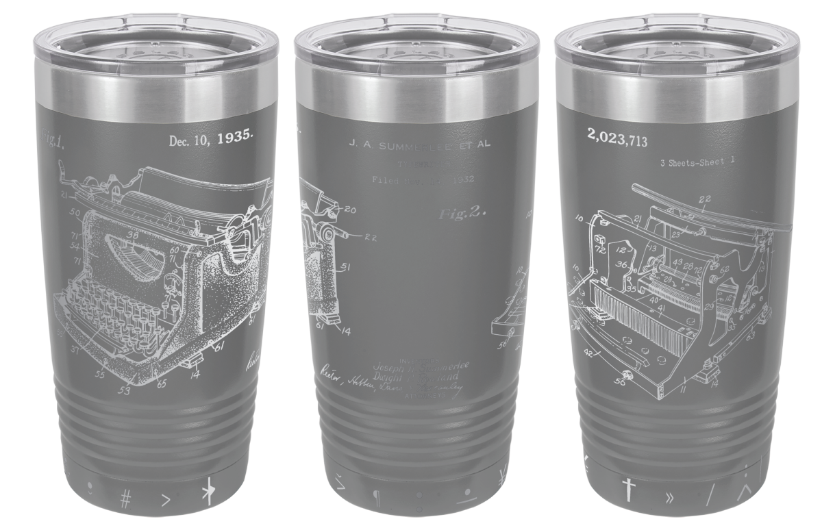 Vintage typewriter patent laser engraved on a dark gray stainless steel tumbler