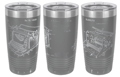 Vintage typewriter patent laser engraved on a dark gray stainless steel tumbler