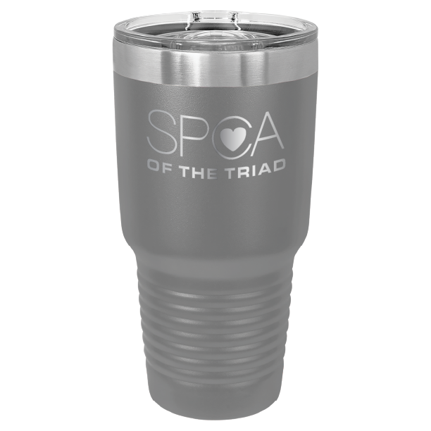 Dark Gray 30 oz laser engraved tumbler featuring the SPCA of the Triad logo.