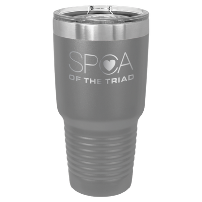 Dark Gray 30 oz laser engraved tumbler featuring the SPCA of the Triad logo.