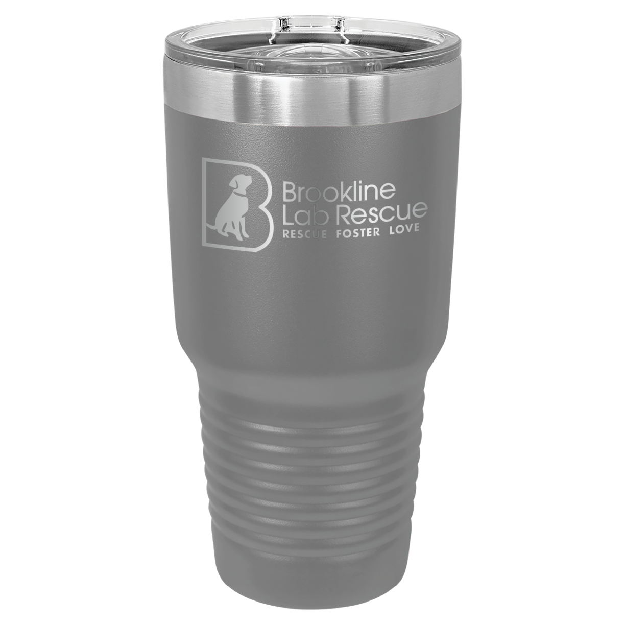 Dark gray laser engraved 30 oz tumbler featuring the Brookline Lab Rescue logo