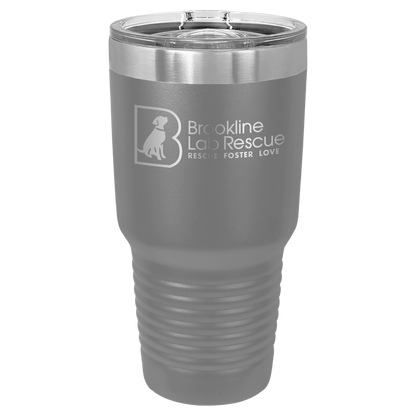 Dark gray laser engraved 30 oz tumbler featuring the Brookline Lab Rescue logo