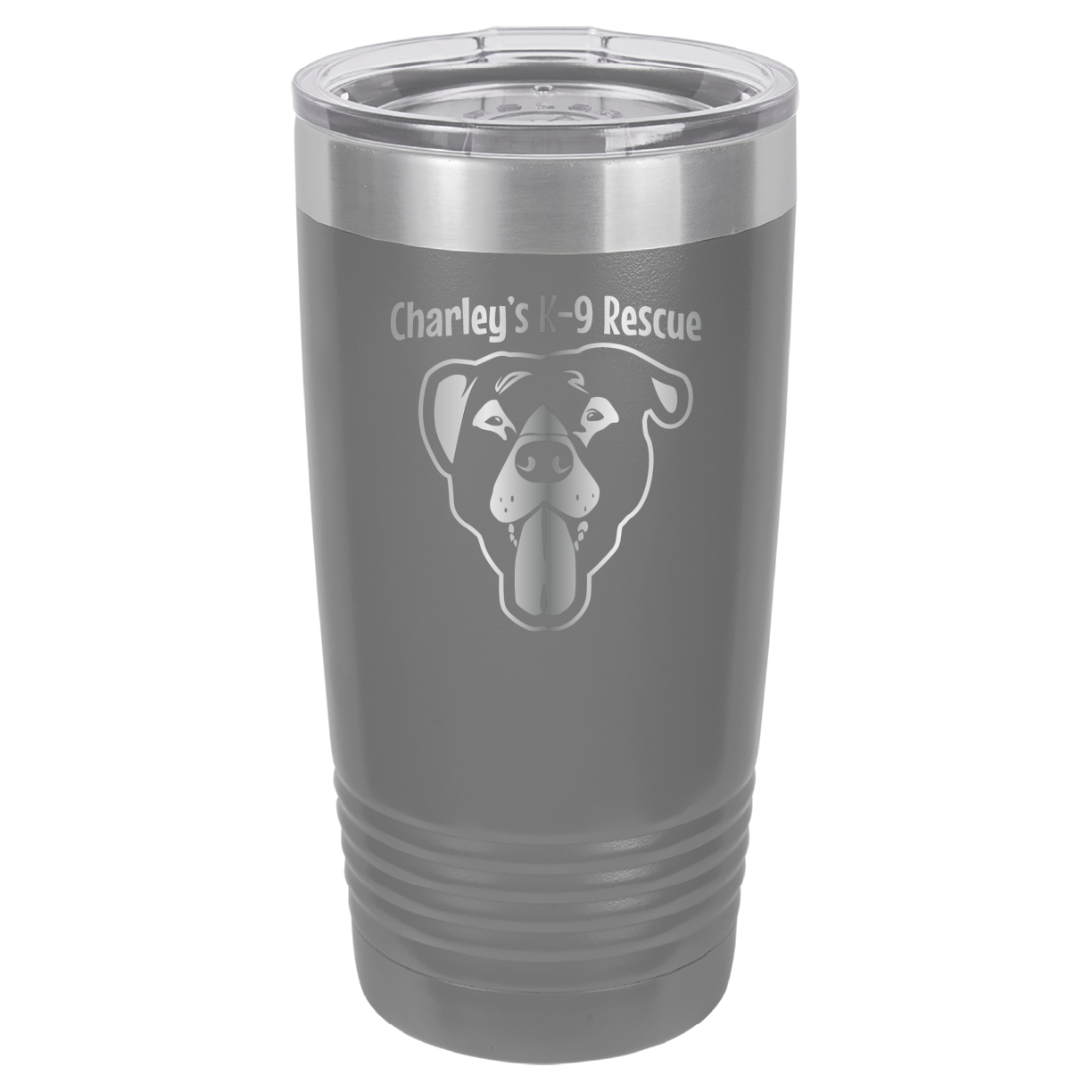 Dark Gray 20 ounce tumbler laser engraved  tumbler featuring the Charley's K9 Rescue logo