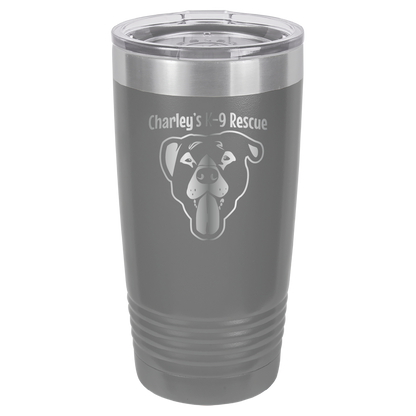 Dark Gray 20 ounce tumbler laser engraved  tumbler featuring the Charley's K9 Rescue logo