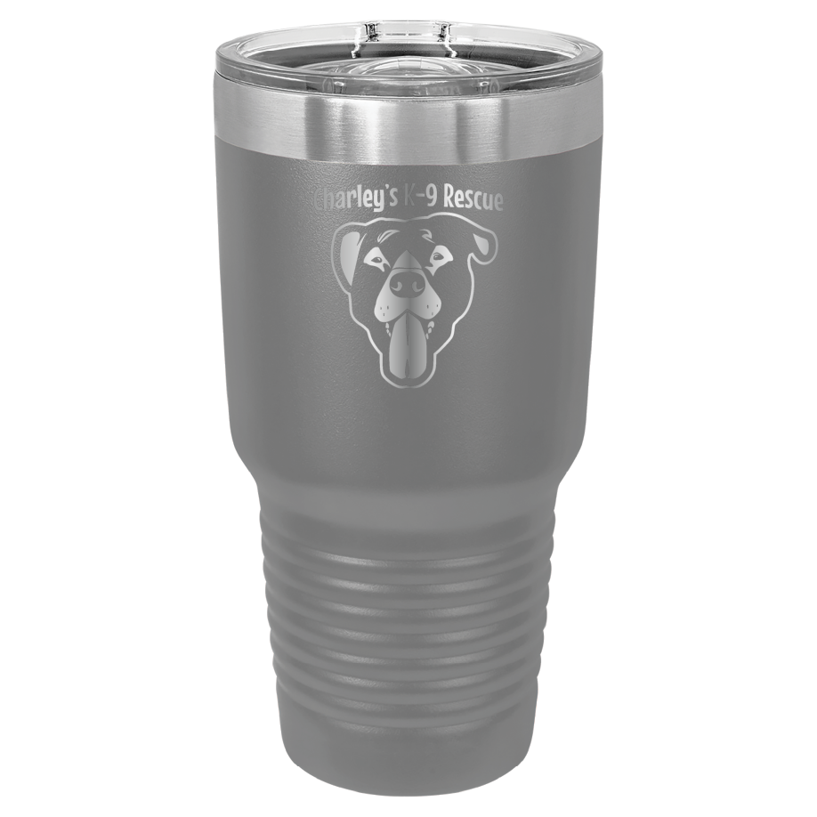 Dark gray 30 oz tumbler laser engraved  tumbler featuring the Charley's K9 Rescue logo