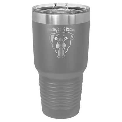 Dark gray 30 oz tumbler laser engraved  tumbler featuring the Charley's K9 Rescue logo