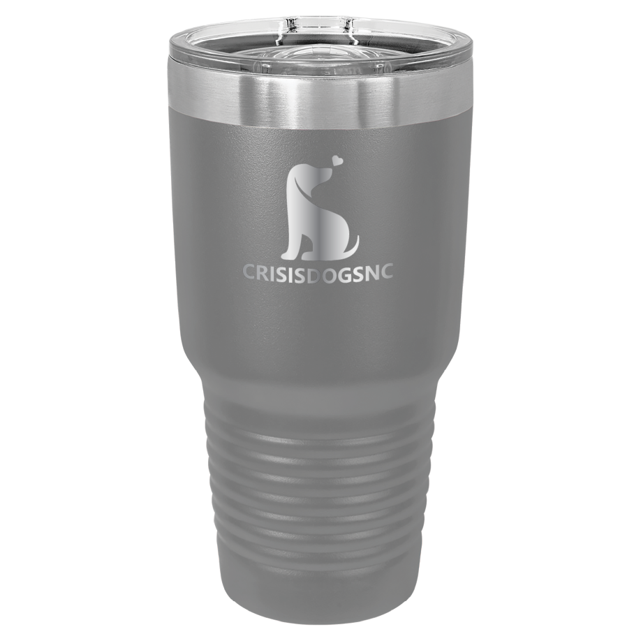 Dark gray 30 oz laser engraved tumbler with the Crisis Dogs NC logo.