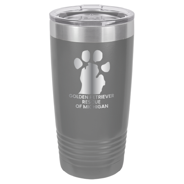 Dark Gray 20 Oz laser engraved tumbler with the Golden Retriever Rescue of Michigan logo