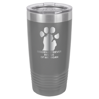 Dark Gray 20 Oz laser engraved tumbler with the Golden Retriever Rescue of Michigan logo