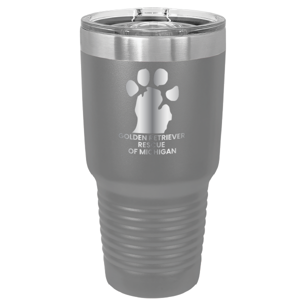 Dark Gray 30 laser engraved tumbler featuring the Golden Retriever Rescue of Michigan logo