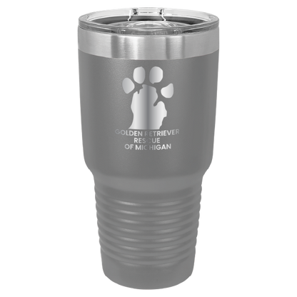 Dark Gray 30 laser engraved tumbler featuring the Golden Retriever Rescue of Michigan logo