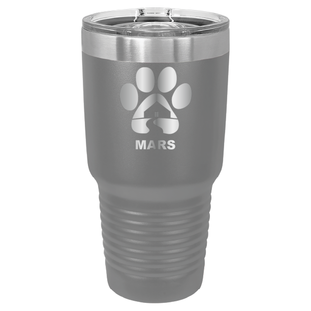 Daru gray 30 ounce laser engraved tumbler with the Midwest Animal Rescue & Services (MARS) logo.