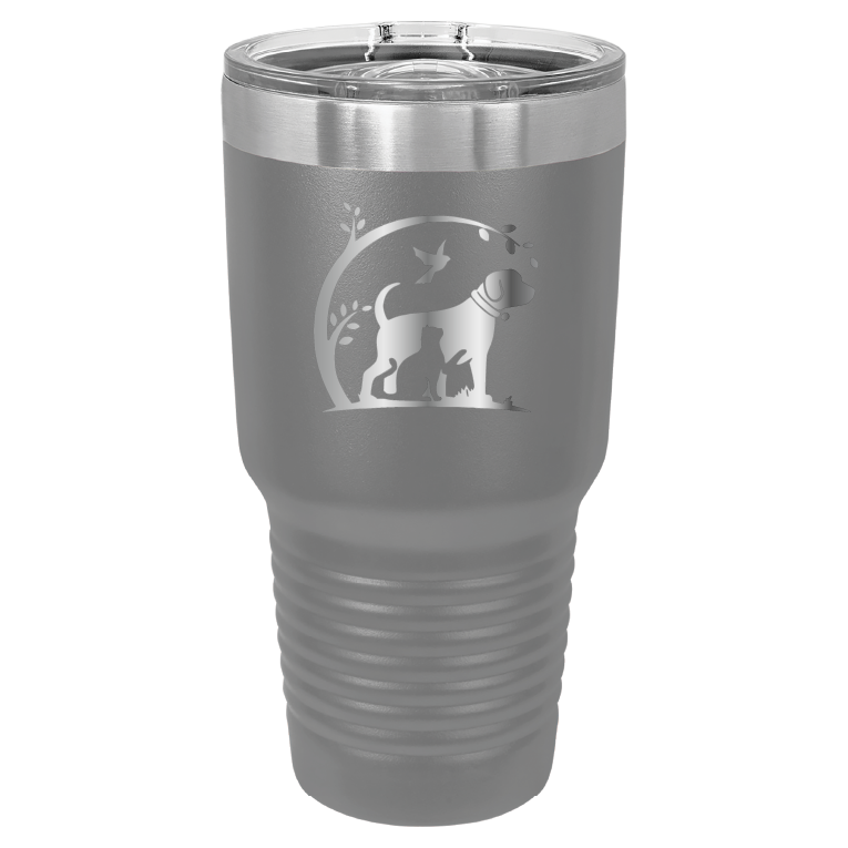 Dark Gray 30 oz laser engraved tumbler featuring the No Critter Left Behind logo