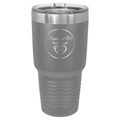 Dark Gray 30 oz laser engraved tumbler featuring the Remember Me Rescue NY logo.