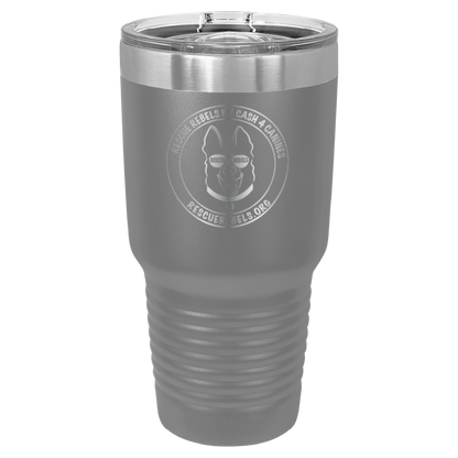 Dark gray 30 oz tumbler laser engraved  water bottle featuring the Rescue Rebels logo
