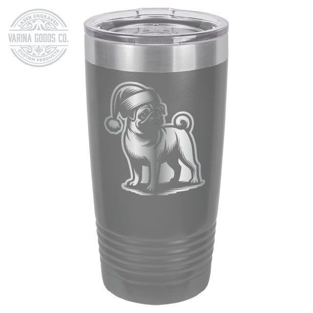 Pug wearing a Santa hat, 20 oz laser engraved tumbler, in dark gray