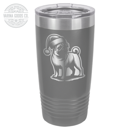 Pug wearing a Santa hat, 20 oz laser engraved tumbler, in dark gray