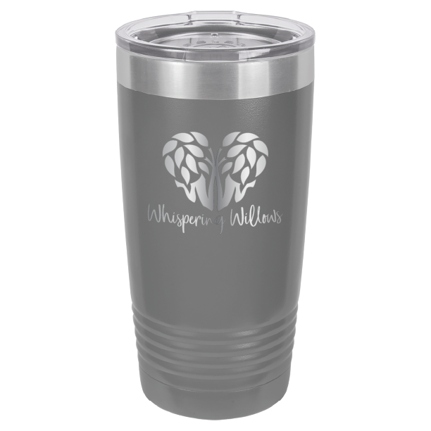 Dark gray laser engraved 20 oz tumbler featuring the Whispering Willows logo.