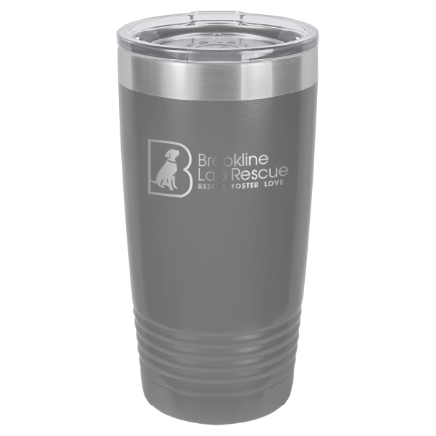 Dark gray laser engraved 20 ounce tumbler featuring the Brookline Lab Rescue logo