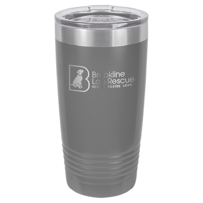 Dark gray laser engraved 20 ounce tumbler featuring the Brookline Lab Rescue logo