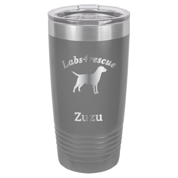 Dark Gray laser engraved 20 oz tumbler featuring the Labs4rescue logo and the name Zuzu. 