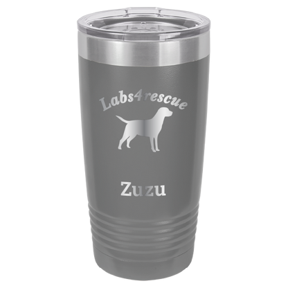 Dark Gray laser engraved 20 oz tumbler featuring the Labs4rescue logo and the name Zuzu. 