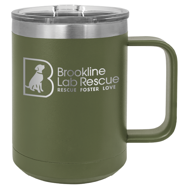 Olive green laser engraved 15 of coffee cup featuring the Brookline Lab Rescue logo