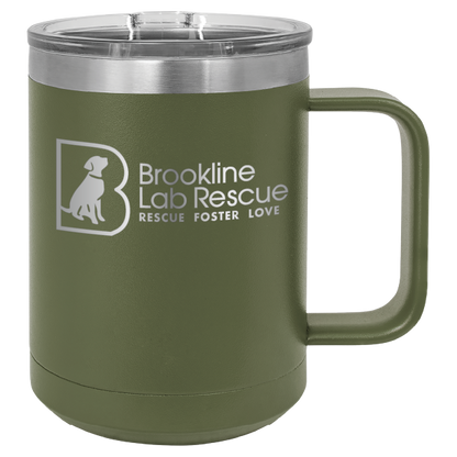 Olive green laser engraved 15 of coffee cup featuring the Brookline Lab Rescue logo